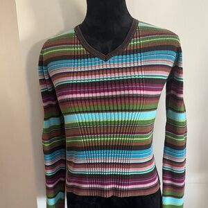 Jones New York V-Neck Striped Sweater - Blue, Green, Brown, Pink